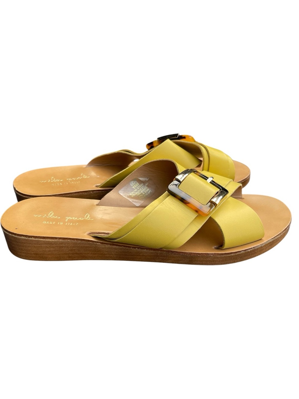 Mila Paoli (Italy) Tuscan Yellow/Tortoise Buckle Leather Slide Sandals (8)
